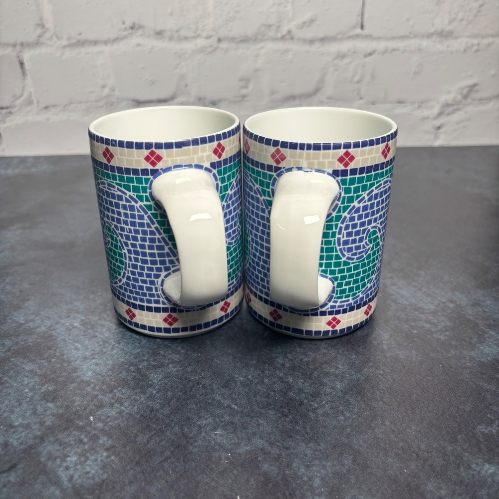 Dansk Vintage 90's Mosaic Waves Coffee Mugs Beachy Coastal, Set of 2 - Picture 4 of 7